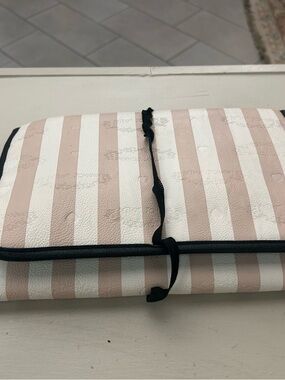 Betsey Johnson quilted baby changing pad.Striped Pink & White with Black Trim